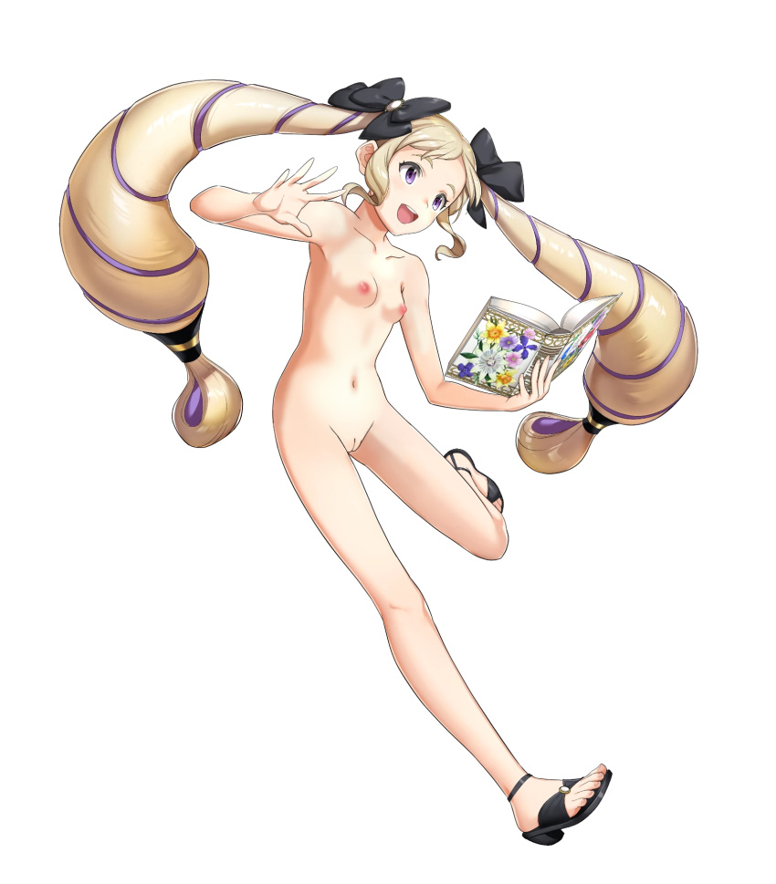 bare_shoulders black_footwear blonde_hair book bow breasts collarbone edit edited_official_artwork elise_(fire_emblem) elise_(summer)_(fire_emblem) female fire_emblem fire_emblem_heroes fire_emblem_if flower full_body hairbow highres holding holding_book long_hair mikurou_(nayuta) nipples nude_filter official_art one_leg_raised open_book open_mouth open_toe_shoes purple_eyes pussy sandals shoes small_breasts solo transparent_background twintails uncensored