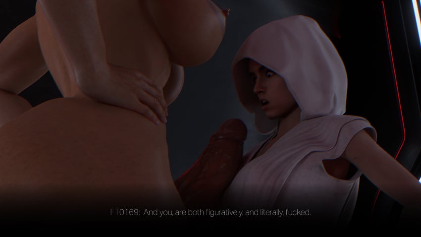 1futa 1girls 3d ass big_ass big_breasts breasts brown_hair clothed clothed_female_nude_futanari clothing completely_nude dialogue erection faceless_futanari female futanari hand_on_hip hood huge_cock nipples nude nude_futanari open_mouth penis rey star_wars stormtrooper surprised synthchamp text veiny_penis