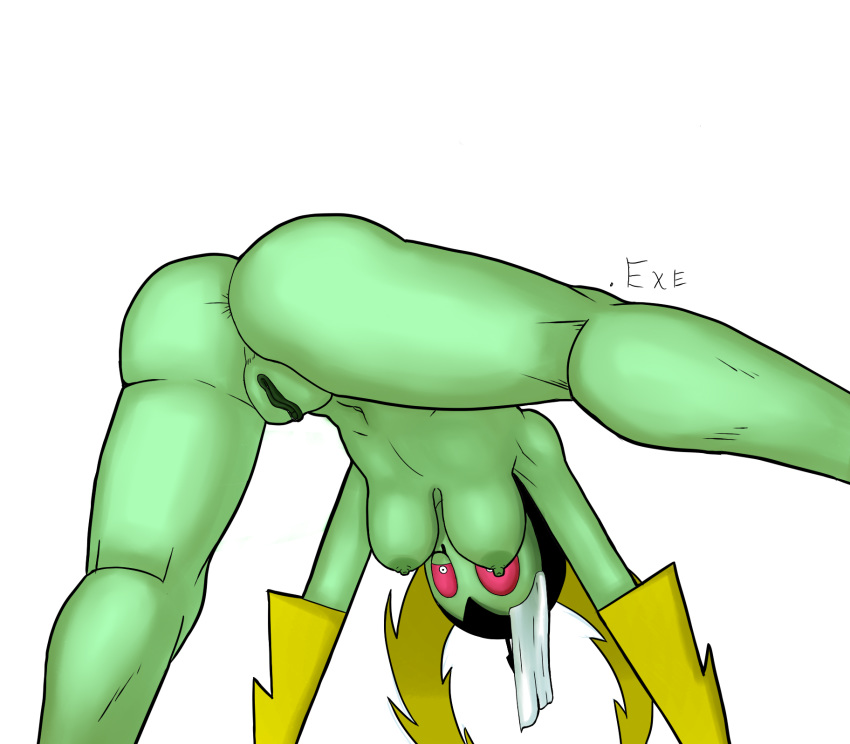 2018 alien all_fours anus armor breasts clothing digital_media_(artwork) female female_only from_behind_(disambiguation) gloves green_skin hair helmet hi_res looking_back lord_dominator navel nipples nude pose pussy quietstealth rear_view red_sclera simple_background solo wander_over_yonder white_background white_hair