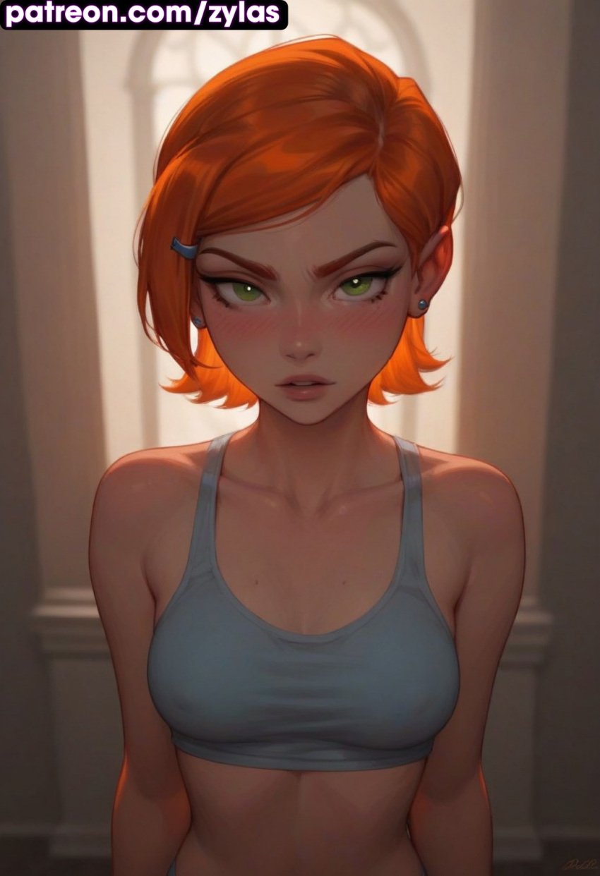 ai_generated ben_10 big_breasts green_eyes gwen_tennyson gwen_tennyson_(classic) looking_at_viewer nipple_bulge nipples_visible_through_clothing orange_hair pose ryuuziken01 sports_bra