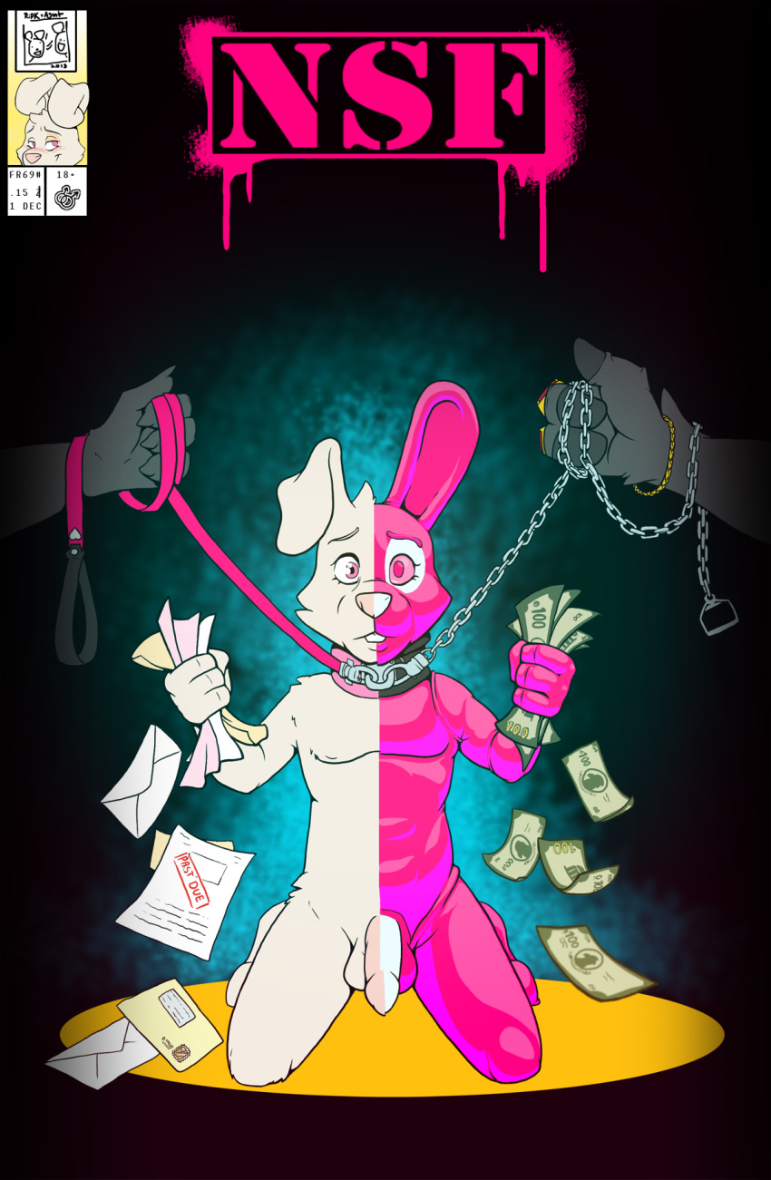 2015 4_fingers agent_(artist) alex_(nsf) anthro balls chains claws collar english_text fur group hi_res kneeling lagomorph leash looking_at_viewer mail male male_only mammal money nsf nude penis pink_eyes rabbit rip_k rubber shiny simple_background solo_focus taxes text