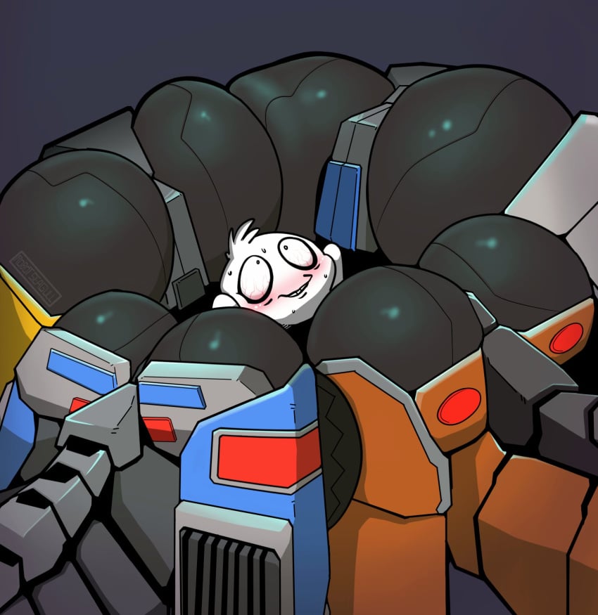2023 ass ass_focus ass_up big_ass big_butt blush bodily_fluids butt_focus character_request grey_butt group hi_res humanoid machine male metal metallic_body robot robot-seagull robot_humanoid simple_background surrounded surrounded_by_ass sweat teeth transformers white_body
