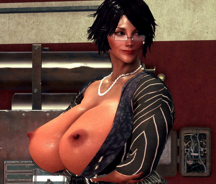 3d breasts eyewear fallout fallout_4 female female_only glasses huge_breasts human hyper hyper_breasts indoors large_breasts liza necklace nipples no_bra short_hair smile solo