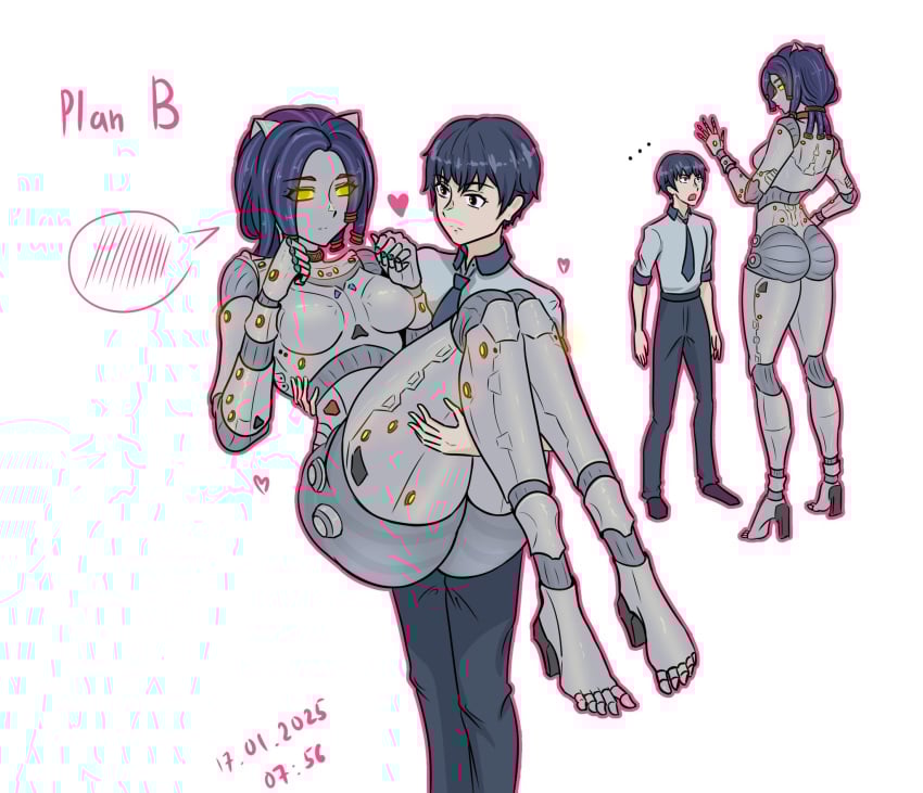 1boy absurdres android ass breasts cable cable_hair carrying commentary core_mita_(miside) dated english_commentary english_text eyes_visible_through_hair female glowing glowing_eyes hair_over_one_eye heart height_difference high_heels highres lisodevka male medium_breasts medium_hair miside mita_(miside) player_character_(miside) princess_carry robot robot_girl short_hair simple_background tall_female white_background yellow_eyes yellow_pupils