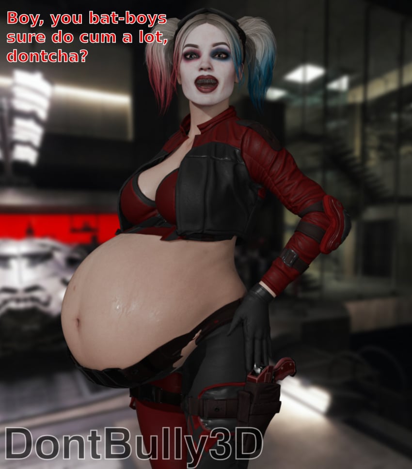 1girls 3d 3d_(artwork) alternate_version_available batman_(series) belly_bulge blender blender_(artwork) blender_(software) cumflated cumflated_belly dc_comics dialogue dont_bully_(artist) female harley_quinn harley_quinn_(injustice) inflated_belly injustice_2 light-skinned_female light_skin pale-skinned_female pale_skin partially_clothed partially_clothed_female pinup pregnant pregnant_belly pregnant_female smirk smirking smirking_at_viewer stomach_bulge text twintails twintails_(hairstyle) two_tone_hair voluptuous