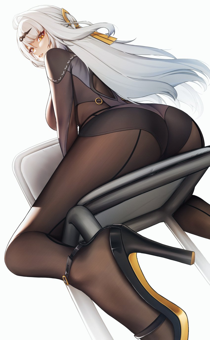 absurdres ahoge ass black_pantyhose black_shoes black_shorts black_unitard breasts chair female from_behind from_below hair_ornament high-waist_shorts high_heels highres large_breasts long_hair looking_at_viewer looking_back looking_down mimuxiao pantyhose shoes shorts single_hair_intake sitting solo thighs very_long_hair white_hair yellow_eyes yixuan_(zenless_zone_zero) zenless_zone_zero