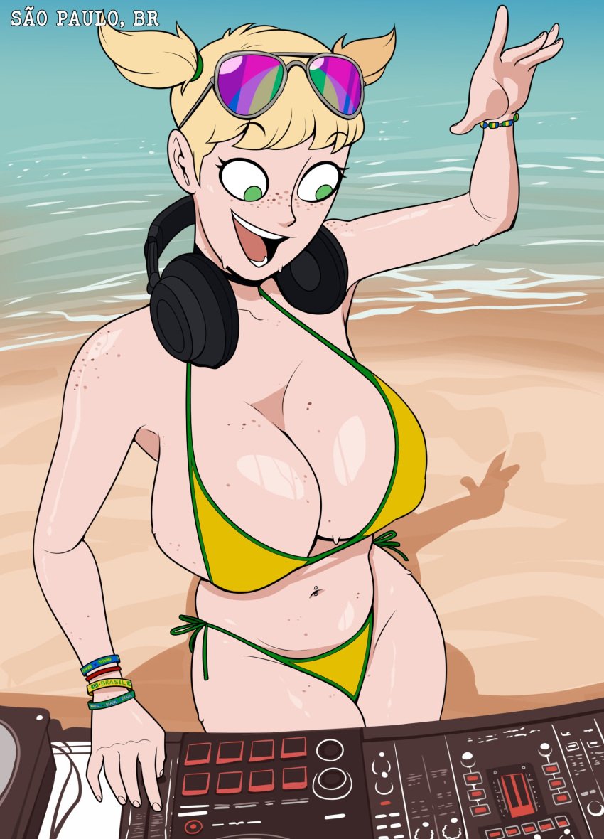 beach bikini dj_(hellonearthiii) freckles hellonearthiii huge_breasts