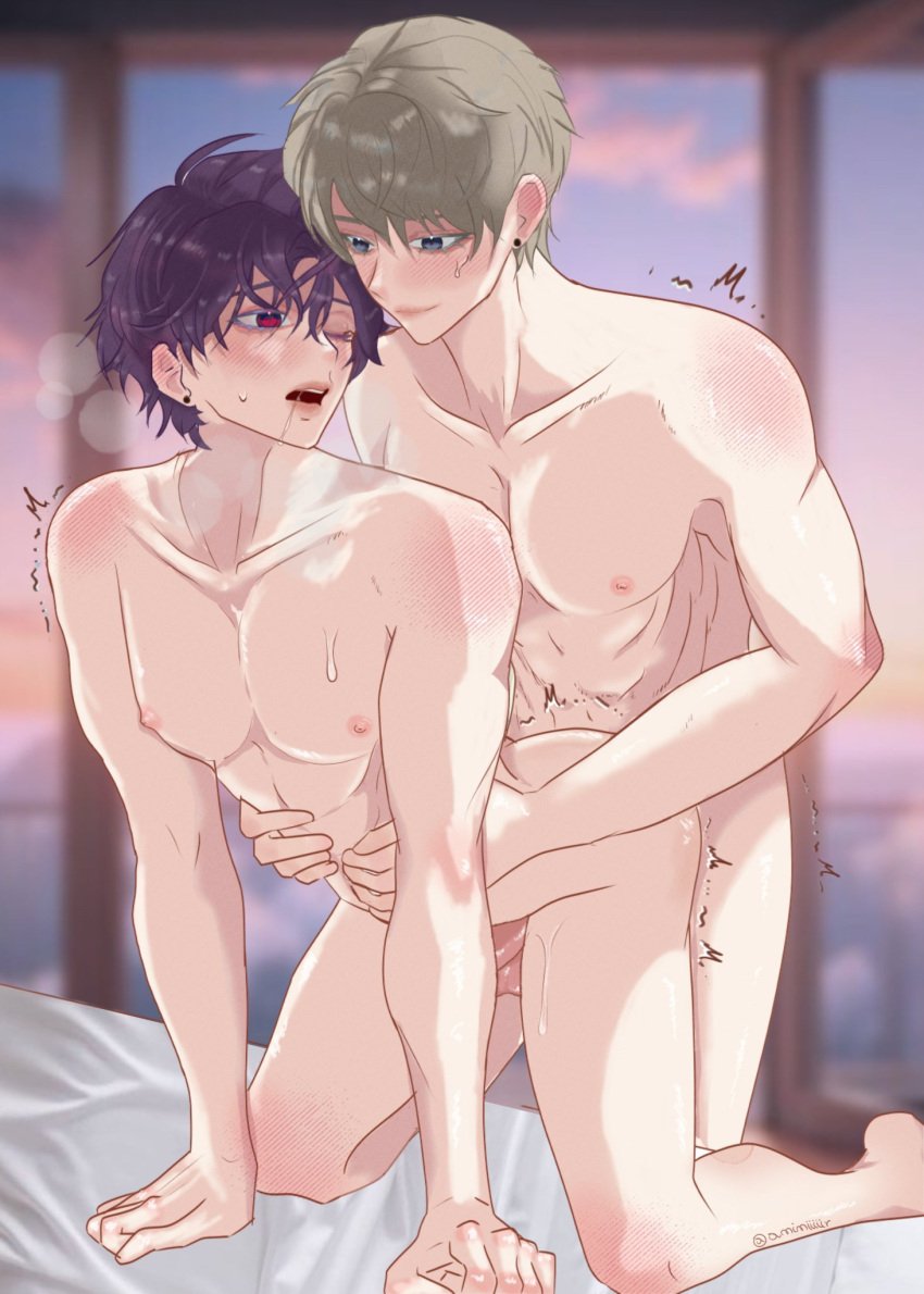 2boys anal anal_sex bed bedroom blush color colored doggy_style gay gay_sex love_and_deep_space male_penetrating_male naked purple_hair rafayel_(love_and_deep_space) sex skinny sweat sweating visible_nipples waist waist_grab watermark xavier_(love_and_deep_space) yaoi