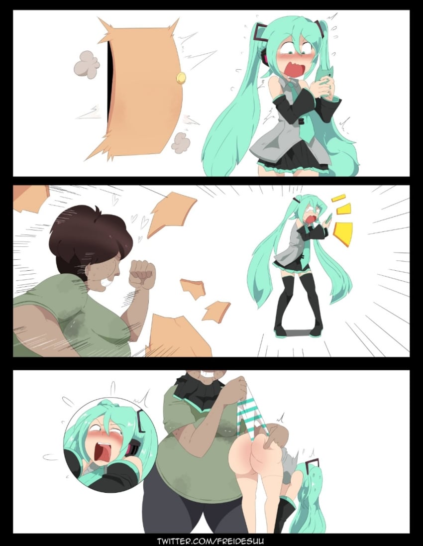 1boy ass female hatsune_miku huge_ass juicy_ass juicy_butt male panties striped_panties vocaloid wedgie wedgie_fetish wedgied_female wedgies