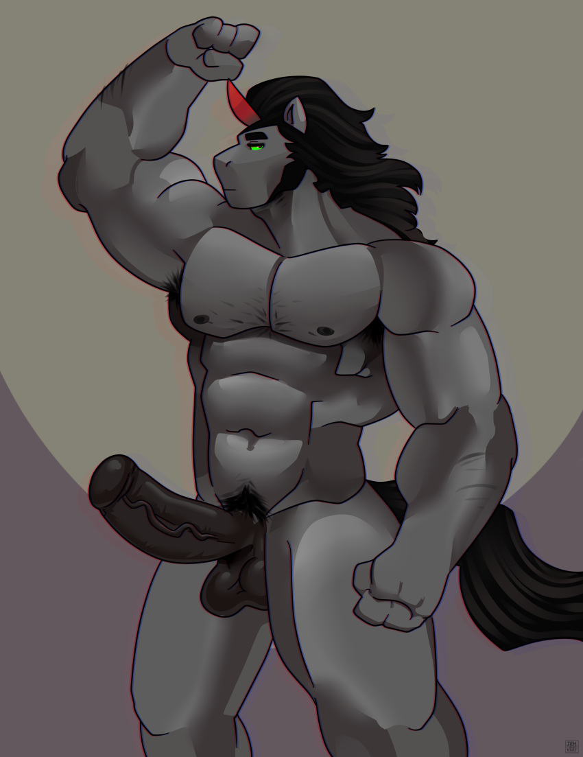 anthro balls bara equine erection flexing friendship_is_magic horn king_sombra_(mlp) looking_at_viewer male male_only mammal muscular my_little_pony nipples pecs penis pubes solo tehbluebubble unicorn vein veiny_penis