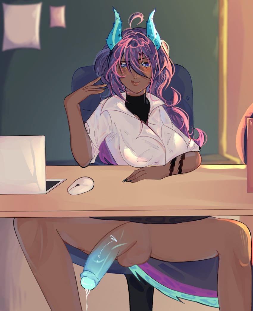 big_balls big_penis bottomless breasts button_down_shirt dark-skinned_female dark-skinned_futa dark_skin desk dickgirl dripping dripping_precum futanari glowing_genitalia glowing_penis horns laptop no_panties penis tattoo teacher thick_thighs under_the_table upskirt vevwq