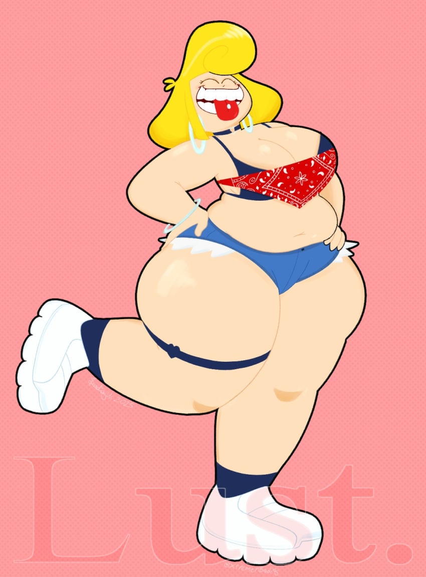 1girls 2025 2d_(artwork) bandana bikini bikini_top black_bikini_top blonde_hair_female booty_shorts bracelet chubby_female closed_eyes collar digital_media_(artwork) earrings female female_only leg_band light-skinned_female long_hair_female lust_(xtremersadiq) original_character red_bandana shorts sneakers solo_female teeth tongue_out tongue_piercing xtremersadiq
