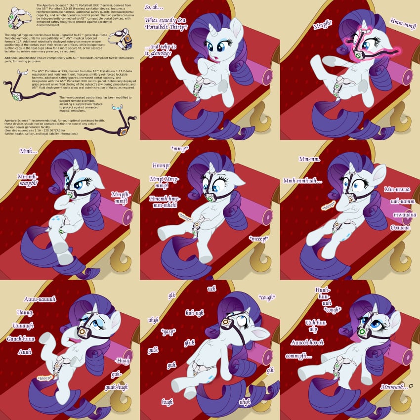 1girls 2d anal blue_eyes bondage bound chastity chastity_belt comic crossover cum cutie_mark deep_throat dialogue digital_media_(artwork) english_text equine female female_chastity female_focus female_only friendship_is_magic fur hair hasbro hi_res horn horse mammal my_little_pony neck_bulge oral orgasm photo pony portal portal_(object) portal_(series) portal_panties purple_hair rarity_(mlp) sex solo solo_female solo_focus squirrelpony stomach_bulge straight_hair text unicorn valve white_body