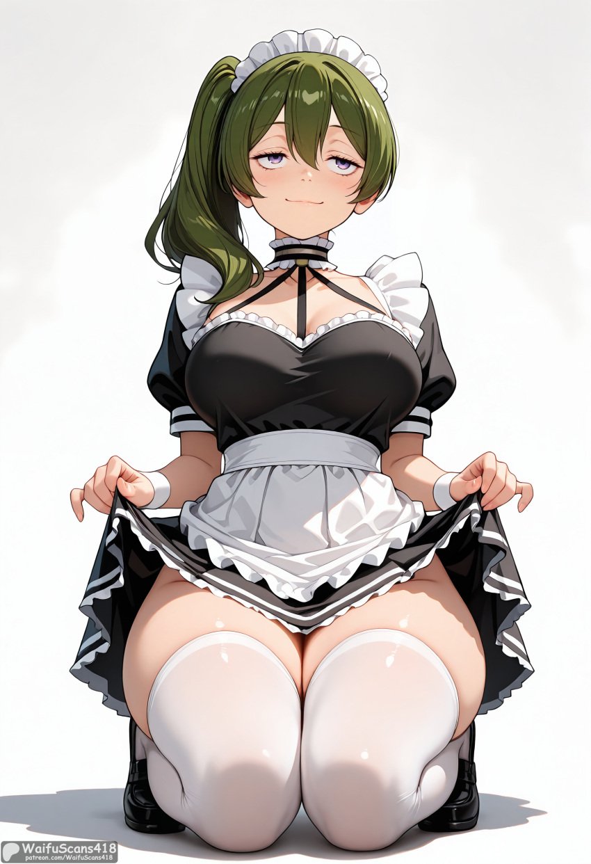 :3 ai_generated alternate_costume apron bangs black_dress black_footwear blush breasts choker cleavage closed_mouth clothes_lift collarbone dress dress_lift enmaided female frieren_beyond_journey&#039;s_end frilled_apron frills full_body green_hair hair_between_eyes high_resolution highres kneeling large_breasts lifted_by_self long_hair looking_at_viewer maid maid_apron maid_headdress puffy_short_sleeves puffy_sleeves purple_eyes shoes short_sleeves side_ponytail simple_background smile solo sousou_no_frieren stable_diffusion thighhighs thighs ubel_(sousou_no_frieren) waifuscans418 waist_apron white_apron white_thighhighs wrist_cuffs