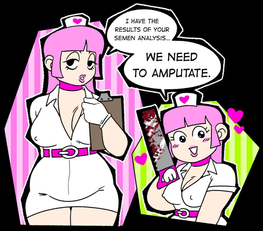 1girls 2025 belt black_background blood cherishedlemon choker chubby cleavage imminent_penectomy large_breasts medical medical_examination nipple_bulge nurse nurse_outfit original original_character pink_hair pink_lipstick pov saw thick_thighs