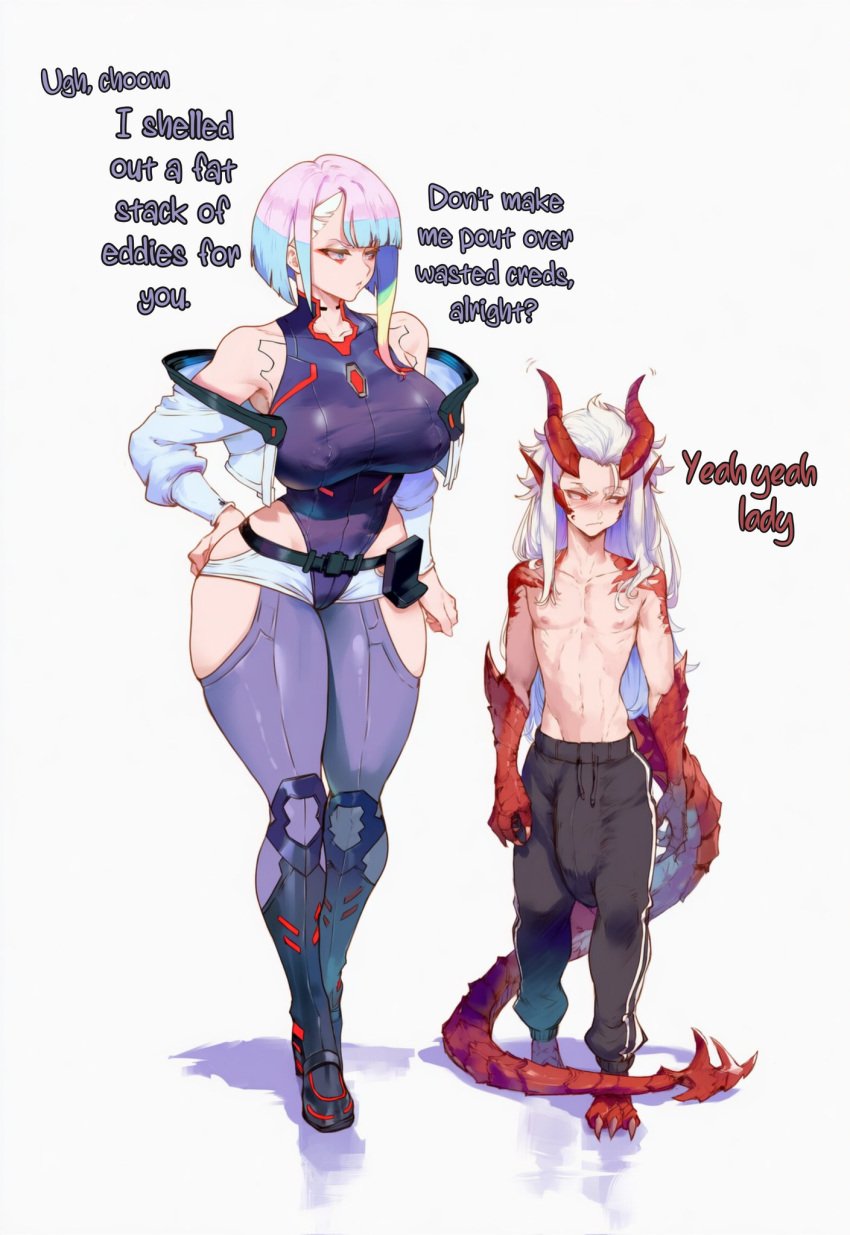 1boy 1girls ai_generated bare_arms bare_shoulders big_breasts big_penis color cyberpunk:_edgerunners cyberpunk_2077 dragon_boy dragon_horns dragon_tail english_text female furry hi_res josay large_breasts light-skinned_female light_skin long_hair lucyna_kushinada male male/female print_tax5 short_hair taller_girl text thick_thighs white_hair