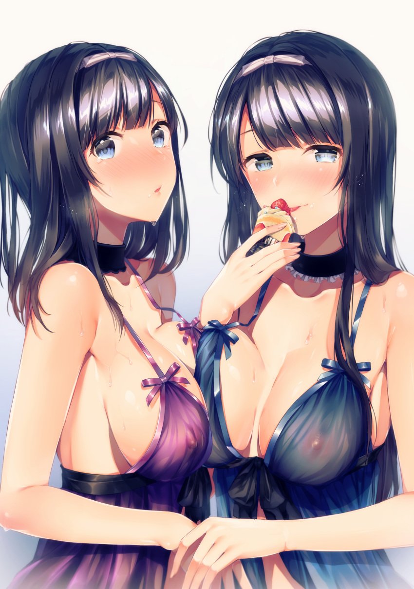 2girls :p absurdres asymmetrical_docking babydoll black_hair blue_eyes blush breast_press breasts breath choker collarbone comic_exe commentary_request countdown covered_nipples eating gradient gradient_background hair_ribbon highres holding_hands large_breasts lingerie long_hair looking_at_viewer medium_hair multiple_girls negligee nipples parted_lips pointy_chin ribbon see-through sidelocks simple_background strap_gap suihei_sen sweat tears tongue tongue_out underwear