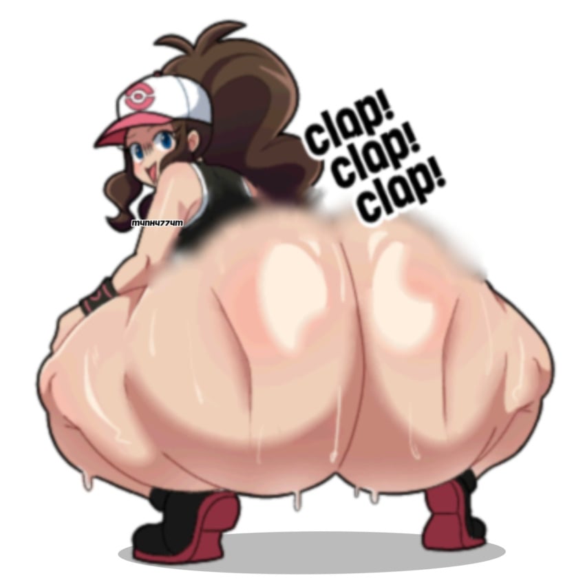 1girls artist_request ass ass_clapping ass_focus ass_up back_view big_ass bottomless bottomless_female clapping_ass clapping_cheeks clothed clothing curvy dripping female hat hilda_(pokemon) human large_ass nh4774m4 nintendo no_background pokemon shaking shaking_ass shaking_butt shiny_skin sound_effects sweat thick_thighs thunder_thighs twerking