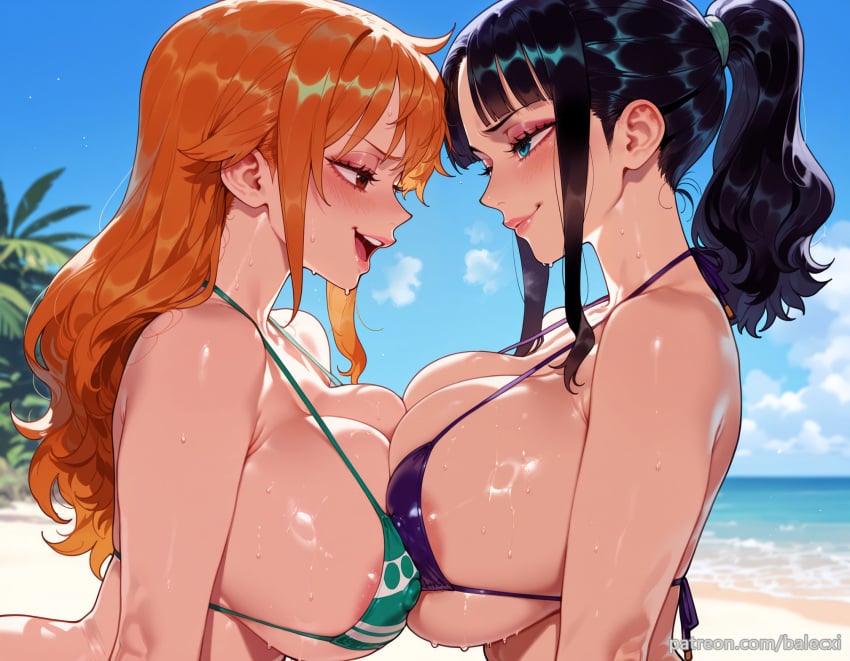 ai_generated areola_slip balecxi beach black_hair blue_eyes blue_sky blush breast_press brown_eyes day from_side green_bikini huge_breasts large_breasts long_hair looking_at_another multiple_girls nami_(one_piece) nico_robin one_piece open_mouth orange_hair outdoors palm_tree ponytail sidelocks smile sweat swimsuit symmetrical_docking web_address