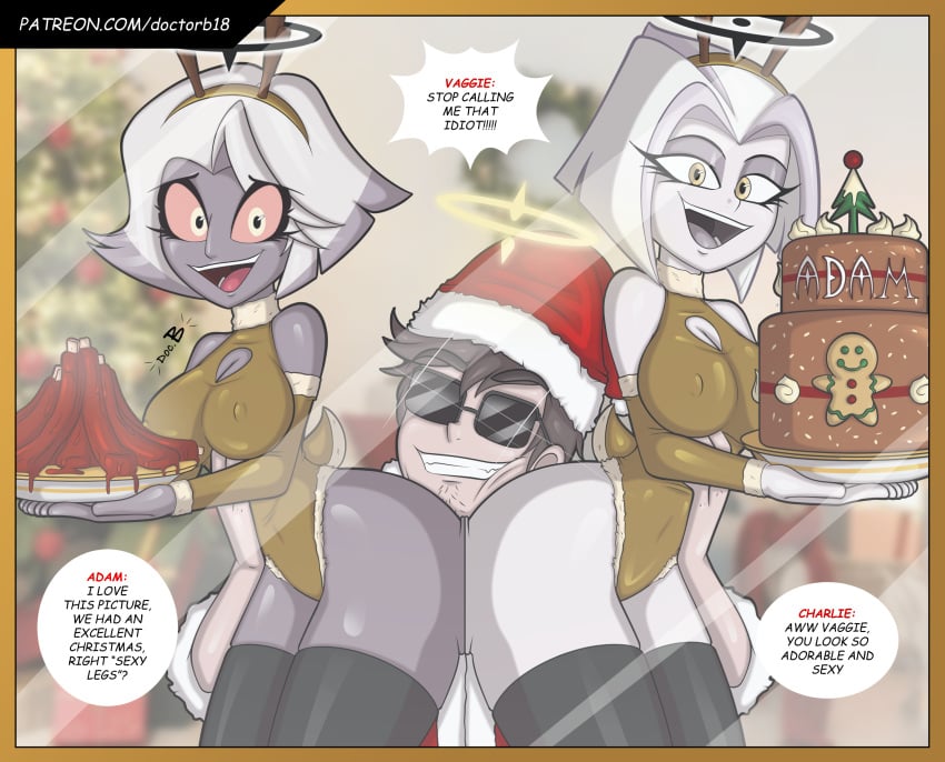 adam_(hazbin_hotel) angel ass big_ass blush breasts brown_hair clothed clothing dialogue doc.b english_text female glasses grey_body hair halo hazbin_hotel lute_(hazbin_hotel) male open_mouth open_smile partially_clothed pleasure_face simple_background smile speech_bubble sweat teeth text thick_thighs vaggie_(hazbin_hotel) white_hair