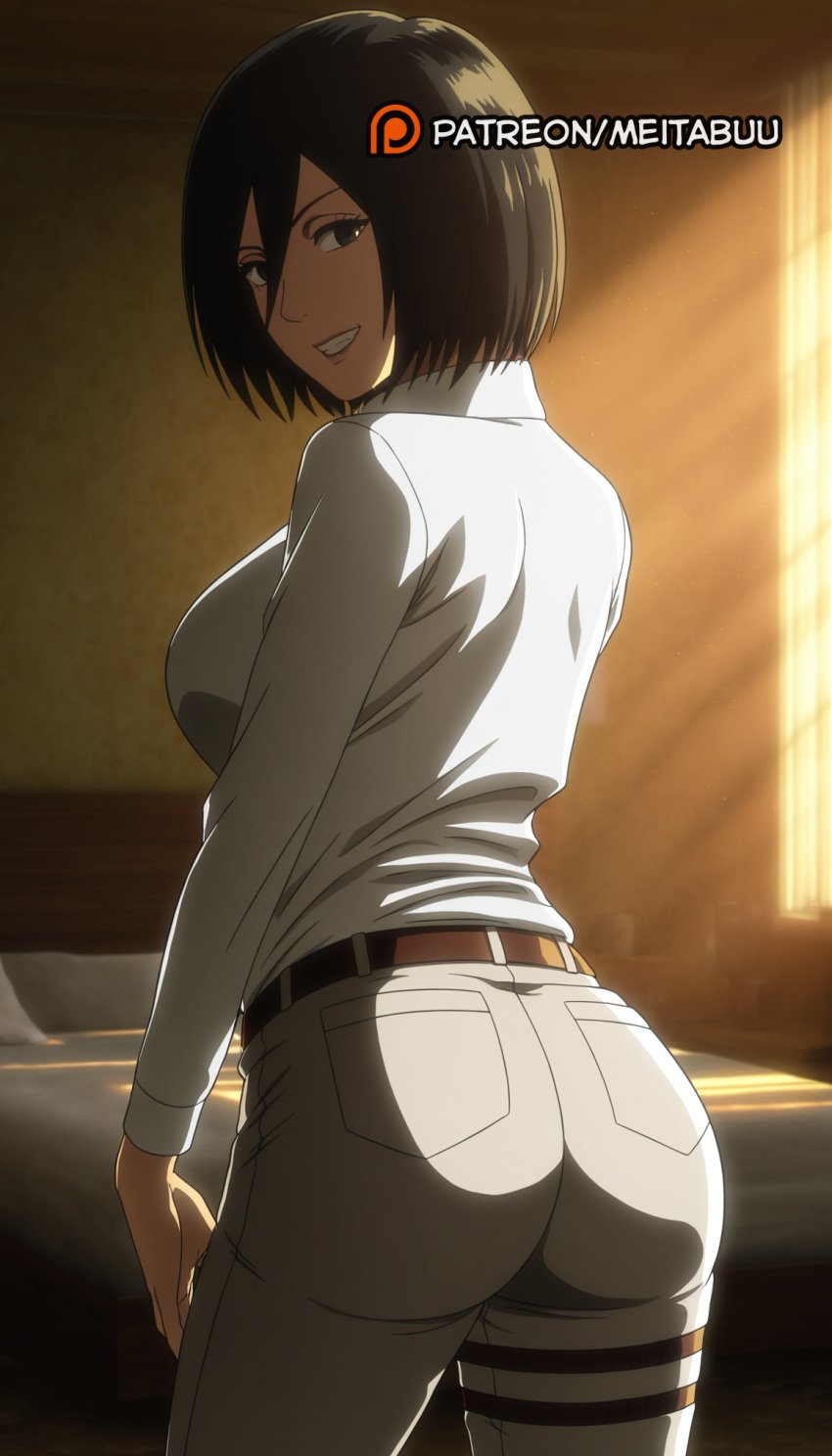 ai_generated ass attack_on_titan bed bedroom belt black_eyes black_hair breasts brown_belt collared_shirt cowboy_shot female from_behind grin hair_between_eyes indoors large_breasts light_rays long_sleeves looking_at_viewer looking_back meitabuu mikasa_ackerman pants pillow shingeki_no_kyojin shirt short_hair smile solo standing sunbeam sunlight thigh_strap white_pants white_shirt window