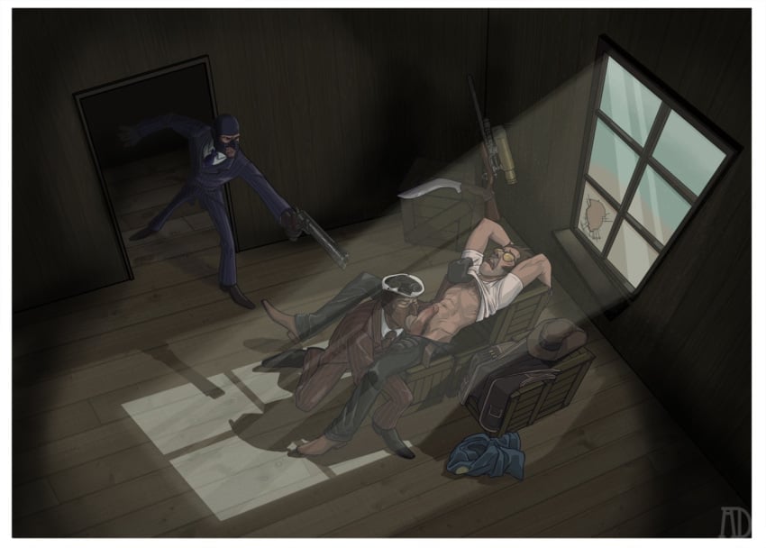 blowjob caught_in_the_act gay gay_sex male oral oral_sex protowilson sniper_(team_fortress_2) spy_(team_fortress_2) suit team_fortress_2 yaoi