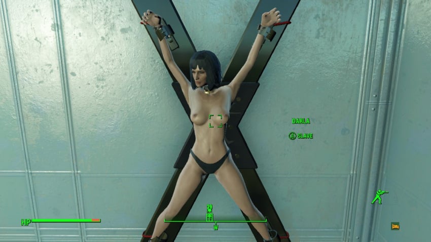 1girls 3d black_panties bondage fallout_4 game_screenshot mod panties saint_andrew&#039;s_cross slave-hunter311 solo topless topless_female