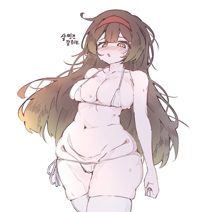 1girls angled_umbrella big_breasts bikini blush brown_eyes brown_hair headband library_of_ruina lobotomy_corporation long_hair looking_at_viewer malkuth_(lobotomy_corporation) open_mouth partially_clothed presenting project_moon pussy solo standing sweat thick_thighs white_background