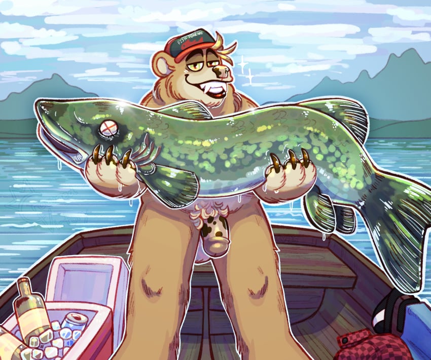2025 absurd_res aleks_(stewiesleeps) clothing clothing_aside crownedvictory fishing_hat flaccid genitals hat hat_only headgear headgear_only headwear headwear_only hi_res mostly_nude nature nature_background penis tagme