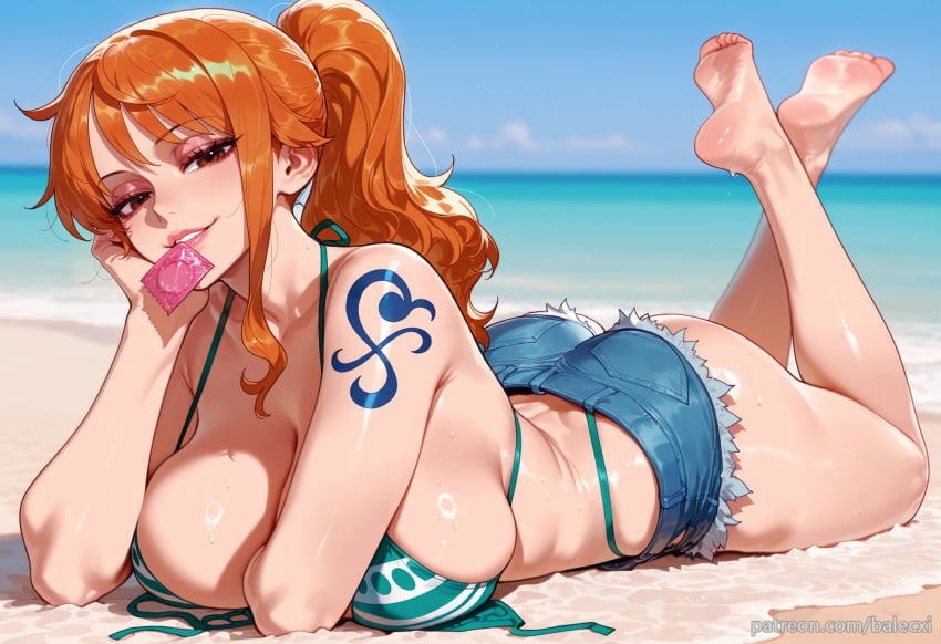 ai_generated ass balecxi barefoot beach bikini brown_eyes condom condom_wrapper day denim denim_shorts feet female large_breasts long_hair looking_at_viewer lying mouth_hold nami_(one_piece) on_stomach one_piece orange_hair outdoors patreon_username ponytail shorts shoulder_tattoo smile soles solo swimsuit the_pose toes