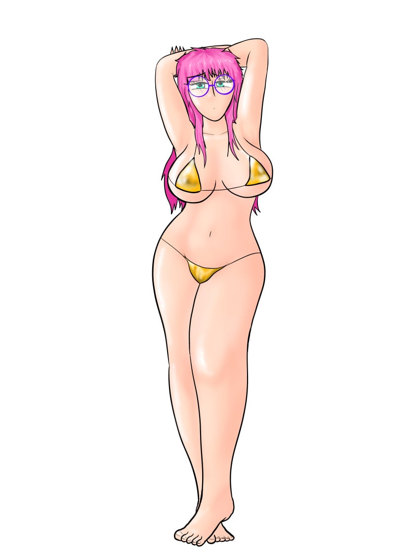 1girls artist_upload big_breasts bikini breasts female female_only full_body glasses gold_bikini golden_bikini green_eyes hands_behind_head huge_boobs huge_breasts large_breasts legs long_hair oc original original_character pink_hair polina_(polisilver) pose posing self_upload sensual sexy sexy_pose simple_background standing swimsuit thighs twitter