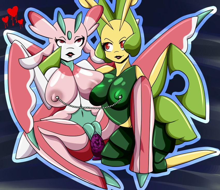 2016 2girls abstract_background ahe_gao anthro anthrofied arthropod asymmetrical_docking breast_squish breasts breasts_frottage clitoris dildo dildo_sitting female female_only flora_fauna green_areola green_body green_nipples heart humanoid insect interspecies kneeling leavanny lurantis mantis masturbation multiple_girls nintendo nipple_chain nipple_piercing nipples nipples_touching open_mouth open_smile penetration piercing pink_areola pink_body pink_nipples plant pokémon_(species) pokemon pokemon_bw pokemon_sm pussy pussy_juice red_body red_eyes rolling_eyes sex_toy sitting smile vaginal_penetration video_games wetfox white_body yellow_body yuri