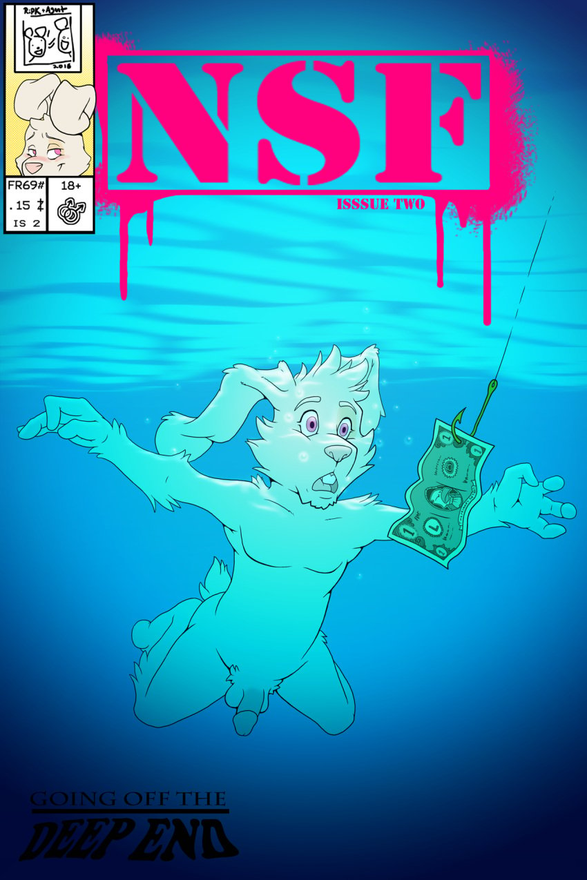 2016 4_fingers agent_(artist) alex_(nsf) anthro balls english_text fur hi_res lagomorph long_ears male male_only mammal money nevermind nevermind_parody nirvana nsf nude open_mouth parody penis pink_eyes pink_nose rabbit rip_k solo swimming text underwater water white_fur