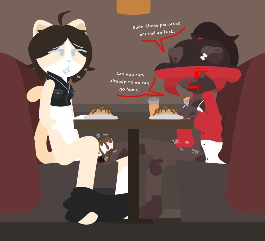 ahoge animal_ears anthro black_clothing black_hair black_shirt black_topwear blue_eyes bodily_fluids bottomless bottomwear bottomwear_down cat_tail christine_fury christine_fury_(character) clothed clothing clothing_pull comic cropped_jacket denny&#039;s dialogue drooling duo dylan_mitchell_(christine_fury_) english_text feet felid feline female flat_colors food foot_fetish foot_play footjob furniture genitals hair hi_res long_hair male male/female mammal masturbating_during_footjob no_lineart open_mouth pancake pants pants_down partially_clothed plate pointy_ears ponytail profanity restaurant restaurant_seats saliva sex shirt short_hair simple_background sitting sleeveless_jacket sleeveless_shirt speech_bubble syrup_on_cock table tail text topwear truesona_(christine_fury_)