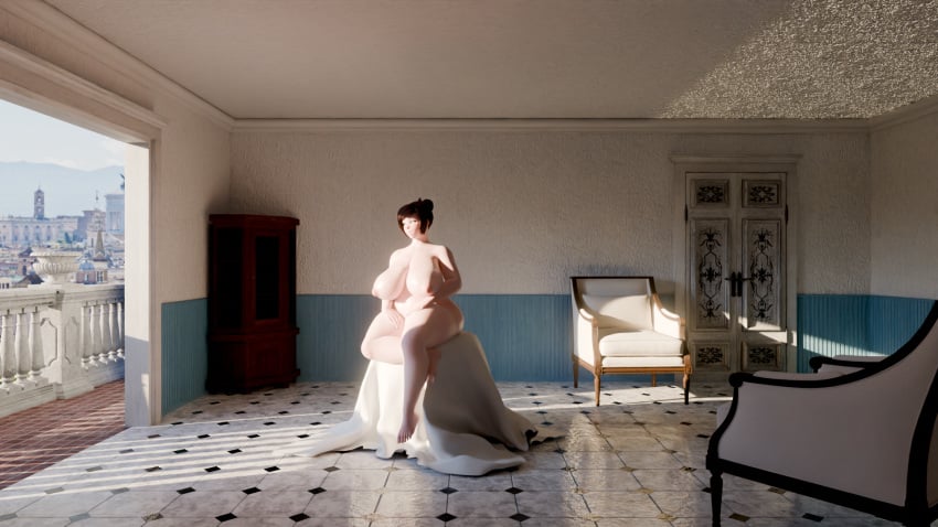 1girls 3d 3d_(artwork) bbw beautiful blender blender_(software) blender_cycles chubby chubby_female large_breasts legs_crossed mei_(overwatch) nude puffy_nipples sitting solo_female stomach
