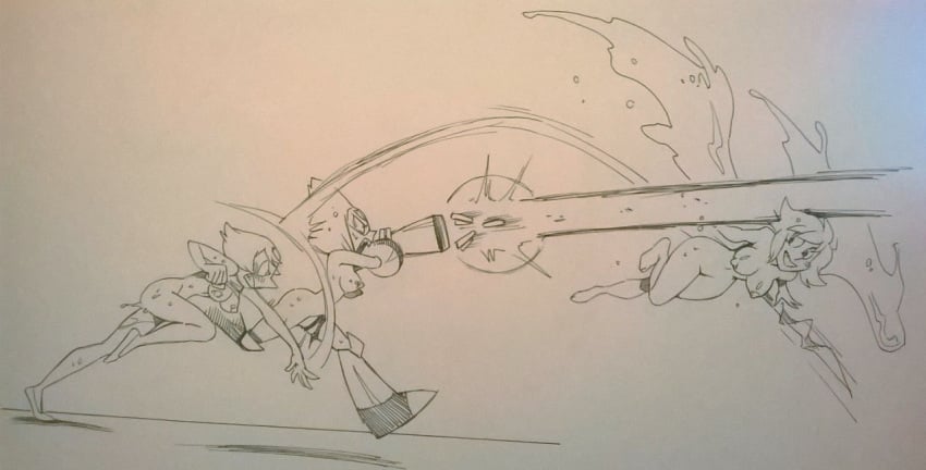 3girls alien alien_humanoid angry black_and_white blush breasts cartoon_network clothing female gem_(species) group humanoid lapis_lazuli_(gem_species) lapis_lazuli_(steven_universe) laser limb_enhancers melee_weapon monochrome nipples not_furry nude open_mouth pearl_(gem_species) pearl_(steven_universe) peridot_(gem_species) peridot_(steven_universe) polearm running smile spear steven_universe torn_clothing traditional_media_(artwork) twistedterra water weapon wet winged_humanoid wings