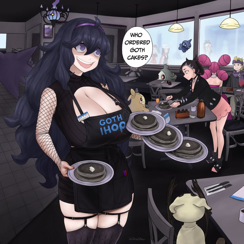 6girls banette big_breasts chandelure cleavage dawn_(pokemon) dismaiden duskull fantina_(pokemon) female female_focus goth goth_ihop haunter hex_maniac hilda_(pokemon) huge_breasts ihop light-skinned_female marnie_(pokemon) may_(pokemon) mimikyu morpeko morty_(pokemon) open_mouth pancake pancakes pokemon pokemon_bw pokemon_dppt pokemon_gsc pokemon_rse pokemon_ss pokemon_xy serving_food serving_tray shuppet speech_bubble waitress waitress_uniform