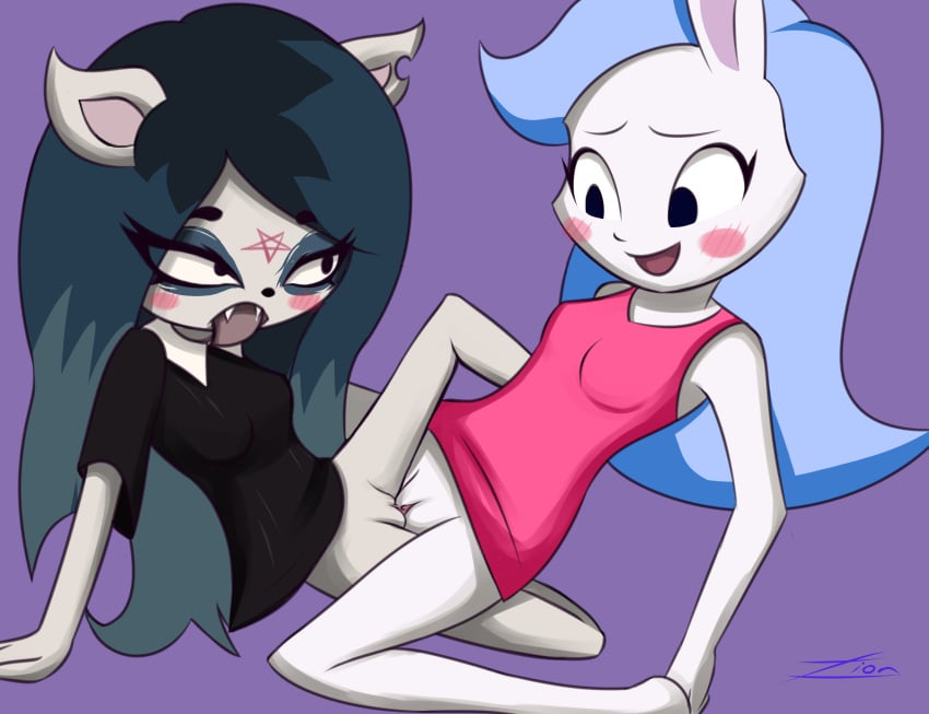 2018 ahe_gao anthro bedroom_eyes black_hair blue_hair blush bottomless breasts claire_(the_summoning) clitoris clothed clothed_sex clothing crossover digital_media_(artwork) dot_eyes duo ex_(welcome_to_doozy) eyelashes eyeshadow fangs feline female fur hair half-closed_eyes lagomorph long_hair looking_pleasured makeup mammal nipples nude open_mouth pentagram pussy rabbit seductive sex simple_background the_summoning tribadism welcome_to_doozy white_fur yuri zionworldartist