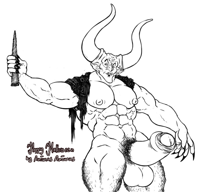 abs animasanimus artist_signature balls biceps big_muscles claws darkness_(legend) demon erect_nipples erection hairy_legs holding_object horn horns hyper_balls large_penis leg_hair legend male male_only monochrome muscular partially_retracted_foreskin pecs penis pointed_ears presenting_penis pubes solo white_background