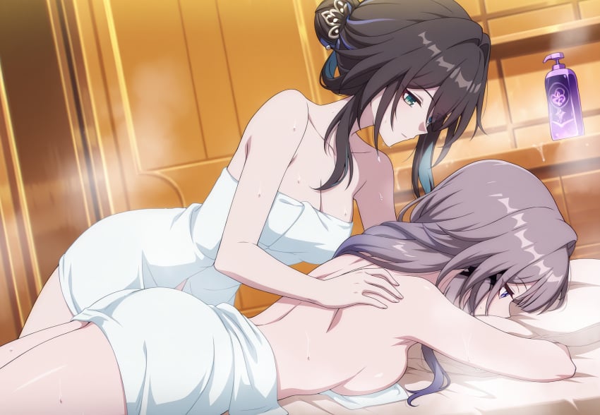 ai_generated herta_(honkai:_star_rail) honkai:_star_rail honkai_(series) massage ruan_mei_(honkai:_star_rail) sweat the_herta_(honkai:_star_rail) yuri