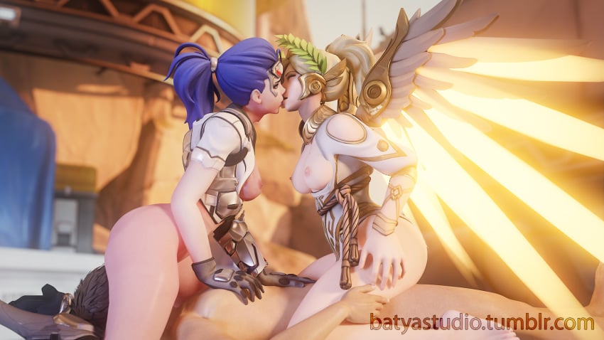 1boy 2girls 3d alternate_costume areolae batyastudio bisexual_female blender blonde_hair blue_hair breasts breasts_out cowgirl_position facesitting female female_on_top girl_on_top gloves kissing kissing_while_penetrated light-skinned_female mature_female medium_breasts mercy nipples nude overwatch reverse_spitroast sex straddling talon_widowmaker tumblr_username vaginal_penetration watchpoint:_gibraltar_(map) widowmaker winged_victory_mercy wings