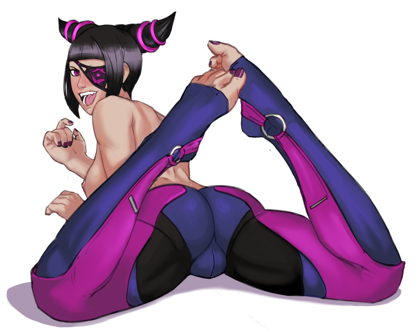 absurdres areolae ass bangs black_hair blush breasts capcom dat_ass drill_hair eye_patch feet female female_only full_body highres human juri_han large_breasts legwear looking_at_viewer looking_back nail_polish nipples open_smile painted_nails pink_eyes placensfw posing purple_nails purple_toenails sideboob sidelocks smile solo spread_legs street_fighter street_fighter_v toeless_legwear toenail_polish toes topless twin_drills white_background