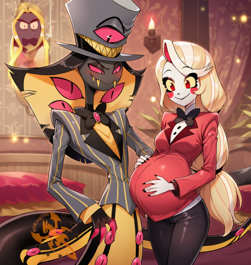 1boy 1girls absurd_res ai_generated anthro artist_name black_body black_hair blonde_hair charlie_morningstar_(hazbin_hotel) clothed clothing demon demon_girl dking1311 eyes fangs female hat hazbin_hotel hi_res high_quality high_resolution highres long_hair male pink_eyes pregnant scalie sharp_claws sharp_teeth sir_pentious_(hazbin_hotel) snake vivienne_medrano vivziepop white_body