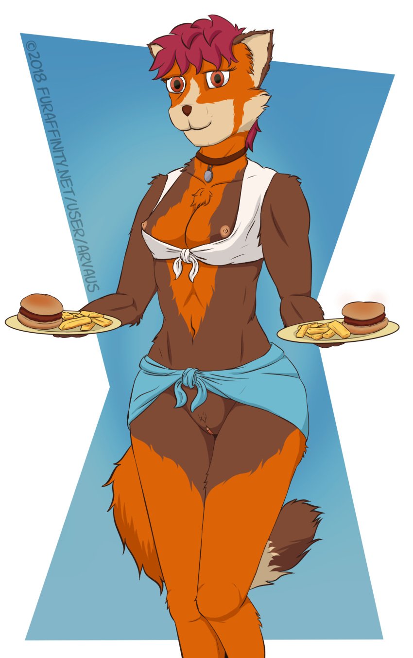 1girls anthro arvaus breasts clothed clothing exhibitionist female female_only food functionally_nude fur furry looking_at_viewer mei_(arvaus) nipples pinup posing pussy red_panda solo tail waiter waitress