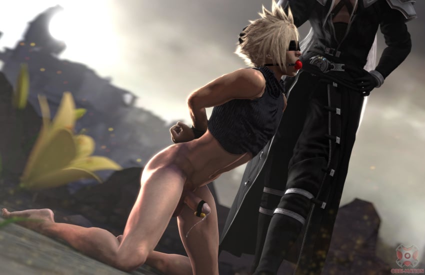 3d 3d_(artwork) bdsm blindfold blindfolded bound captured cloud_strife defeat defeated final_fantasy final_fantasy_vii gag gagged gay gay_sex hair male male/male male_only obbi_mation precum precum_drip precum_string render sephiroth shirt shirt_only tied tied_up vibrator vibrator_on_penis