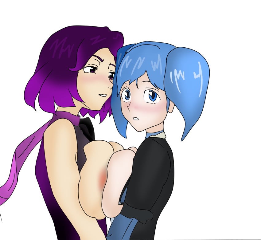 2d big_breasts blue_hair blush blushing breasts elf evie_(paladins) lm-skye looking_at_viewer paladins pigtails purple_hair skye_(paladins) tagme turtleneck twilight_skye white_background yuri