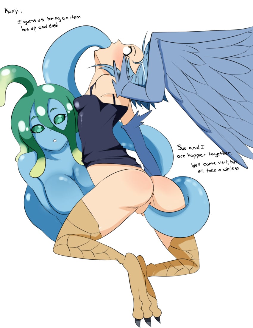 animal_humanoid anus ass avian avian_humanoid big_breasts blue_skin blue_tentacles blush breasts clothed clothing cute dialogue duo eye_roll feathers female goo green_eyes harpy humanoid humanoid_on_humanoid inuyuru letter looking_pleasured monster monster_musume monster_musume_no_iru_nichijou open_mouth oral orange_eyes papi_(monster_musume) partially_clothed penetration pussy sex shiny_skin shirt slime slime_girl small_breasts spread_legs suu_(monster_musume) talons tentacle vaginal_penetration winged_arms wings yuri