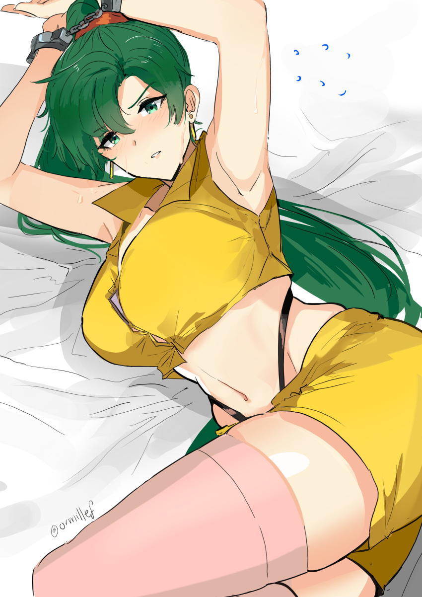 1girls absurdres armpits arms_up blush breasts cleavage cosplay cowboy_bebop dotentity earrings faye_valentine faye_valentine_(cosplay) female fire_emblem fire_emblem:_the_blazing_blade fully_clothed green_eyes green_hair handcuffs high_ponytail highres large_breasts long_hair looking_at_viewer lying lyn_(fire_emblem) lyndis_(fire_emblem) navel on_side ormille parted_lips ponytail solo sweat thighhighs white_background yellow_hairband