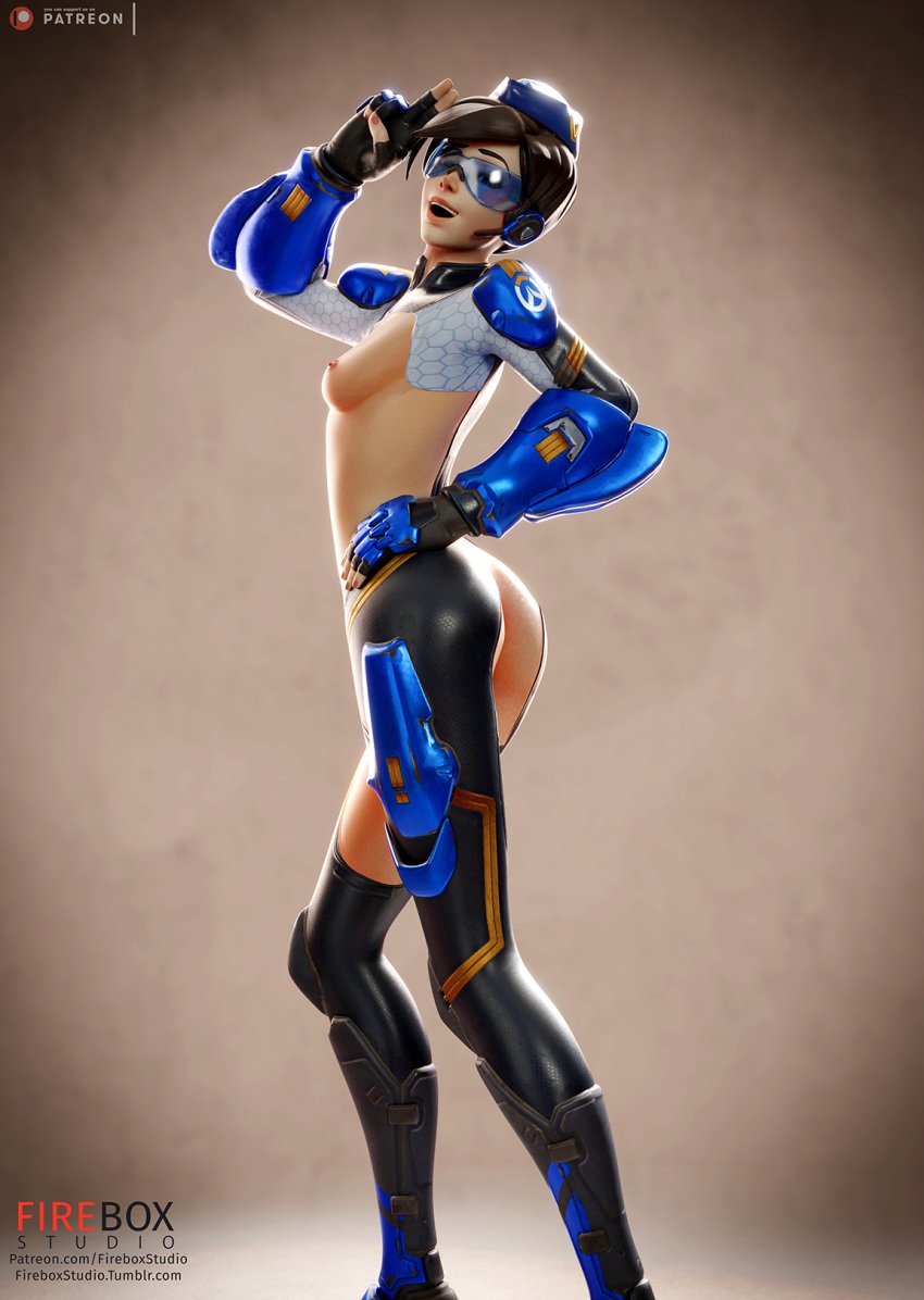 3d alternate_costume areolae ass blender blizzard_entertainment breasts cadet_oxton female female_only fireboxstudio garrison_cap lena_oxton looking_at_viewer nipples overwatch patreon_username solo tracer tumblr_username