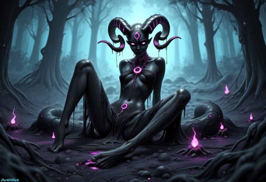 1girls ai_generated black_body black_skin clothed commission dark-skinned_female dark_background dark_skin darkeffect demon demon_girl demon_horns detailed female female_focus female_only forest glowing_eyes looking_at_viewer monster monster_girl nightmare_waifu on_floor petite petite_body petite_female pink_eyes solo solo_female solo_focus